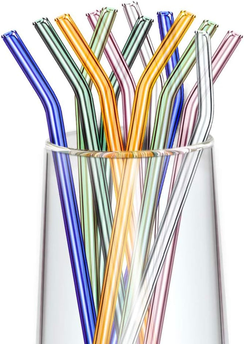 Glass Straws - Reusable Bent Drinking Straws with 2 Cleaning Brushes, Multicolor, 12 Pack...