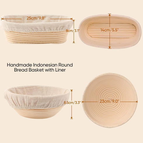 Sourdough Bread Proofing Baskets Banneton Set of 2, Round & Oval Sourdough Banneton Bowl with Liners, Handmade Quality Indonesian Rattan Bread Bak...