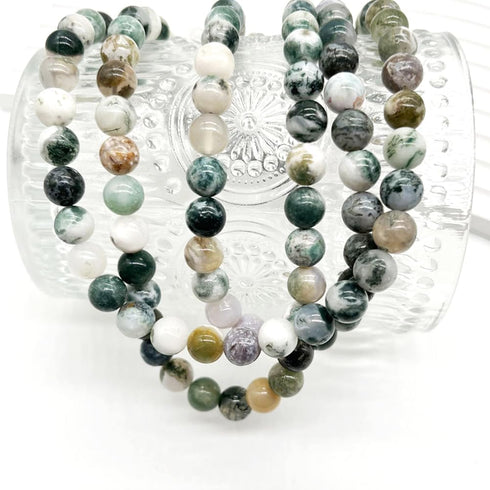 100Pcs Round Natural Tree Agate Gemstone Loose Beads with Stretch Cord for Bracelet Jewelry Making, 8mm, Small, Green White...