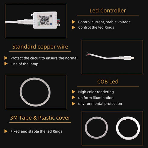GrandviewTM 1-set 70MM Multi-Color RGB LED Halo Rings Light COB 72SMD Smart Phone iOS Android App Bluetooth Control Car Angel Eyes Circle Ring Hea...