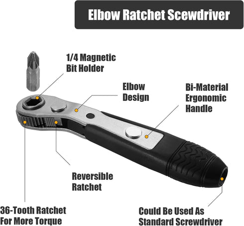 Mini Ratchet Screwdriver Set - 11-Piece 1/4 Ratchet Elbow Right Angle Screwdriver Set Small Ratcheting Wrench High Torque Low Profile Ratchet Angl...