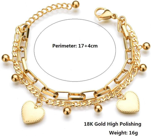 LUREME 18K Gold Stainless Steel Multi Chains Bracelet with Ball and Heart Charms for Women...