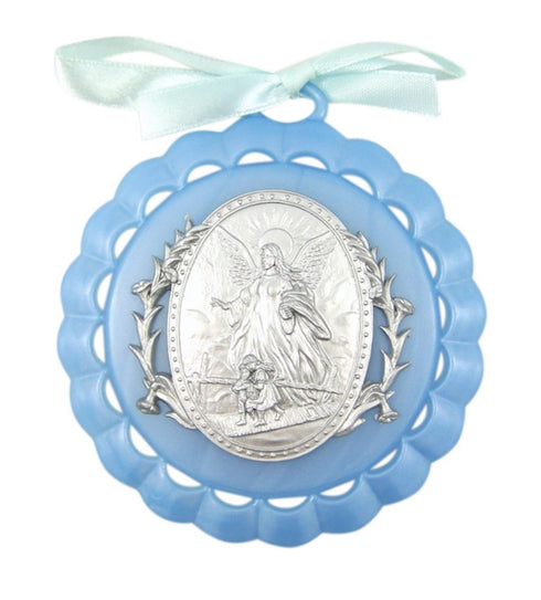 Moulded Acrylic Blue Crib Medal with Guardian Angel for Baby Boy Nursery Decor, 3 1/2 Inch...