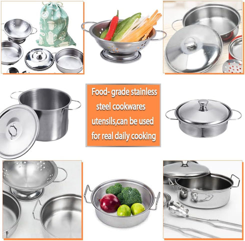 Cookware Pots and Pans Play Set with Cooking Mini Stainless-Steel Kitchen Cooking Utensils Toys,Pretend Toys for Kids, Educational?Development Toy...