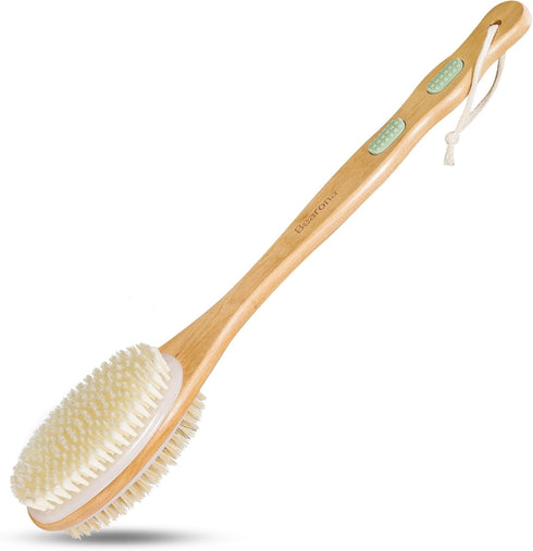 Body Scrubber with Soft and Stiff Natural Bristles, Dual-Sided Long Handle Shower Brush,Back Scrubber,Body Exfoliator for Bath or Dry Brush,Bath B...