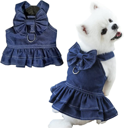 ANIAC Denim Dog Dresses for Small Dogs Puppy Girl Clothes with Leash Ring and Cute Bow Knot Summer Cat Apparel with D-Ring Blue Girl Dog Clothes (...