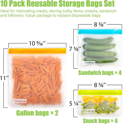 Reusable Storage Bags - 10 Pack BPA FREE Freezer Bags(2 Reusable Gallon Bags + 4 Leakproof Reusable Sandwich Bags + 4 THICK Reusable Snack Bags) Z...