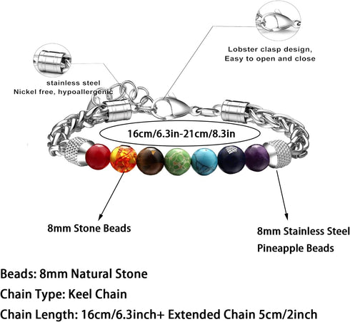 LIU JUN 7 Chakra Bracelet For Men, 8MM Natural Stone Pineapple Beads Stainless Steel Adjustable Silver Cuban Link Chain Handmade Power Healing Gif...