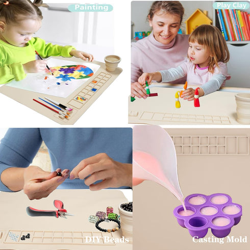 Silicone Painting Mat with Cup and Palette Removable, 20"X16" Thick Silicone Art Mat for Craft with Raised Edge, Artist Creator Mat Silicone for R...