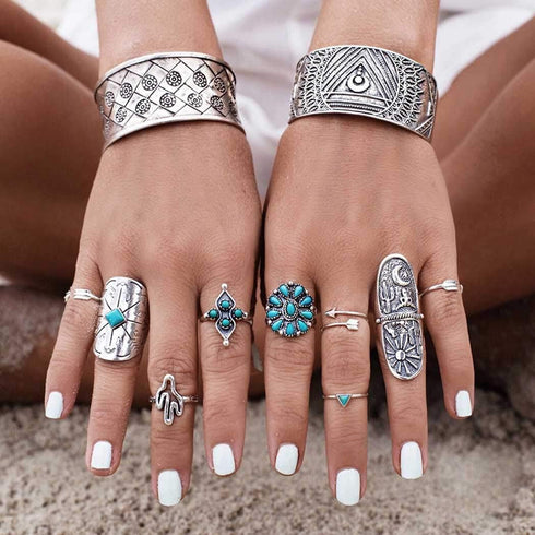 ELABEST Boho Western Ring Set Turquoise Cactus Arrow Joint Knuckle Finger Rings Sets for Women...