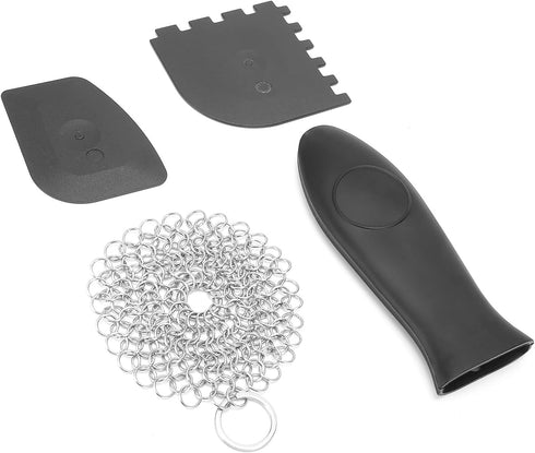 Stainless Steel Cast Iron Cleaner Kit, Chainmail Scrubber for Cast Iron Pans, Toothed Scraper with Handle Cover, Durable Scrubber for Cleaning Dut...