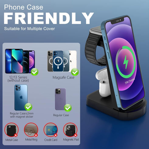 3 in 1 Wireless Charging Station KOOPAO Fast Portable Wireless Charger Dock Stand Compatible with iPhone 14/12/13/11 Pro Max/X/XS/XR/8/8 Plus, iWa...