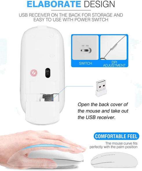 ShuGuoTu Wireless Mouse, 2.4G Slim Mute Silent Click Noiseless Optical Mouse with USB Receiver and Type C Adapter Compatible with Notebook, PC, La...