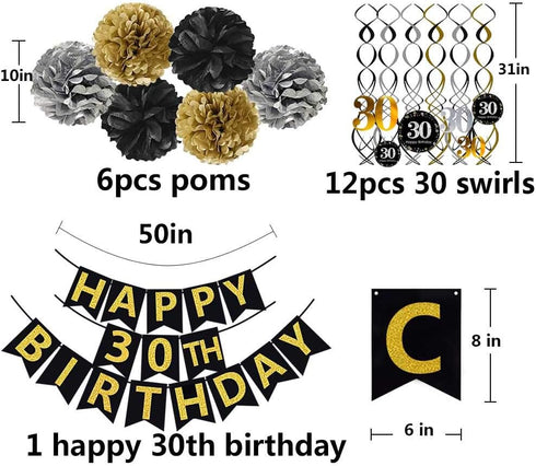 Black & Gold Glittery Happy 30th Birthday Banner,Poms,Sparkling 30 Hanging Swirls Kit for 30th Birthday Party 30th Anniversary Decorations Supplie...
