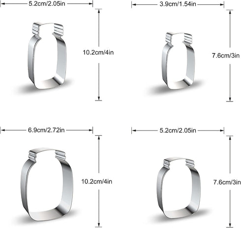 Mason Jar Cookie Cutter Shapes Baking Set - 3 Inch & 4 Inch - 4 Pieces Milk Bottle Honey Jar Pot Shaped Biscuit Stainless Steel Metal Molds Cutter...