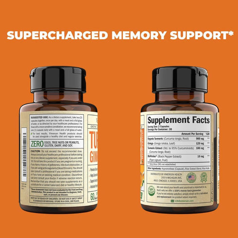 Turmeric Curcumin & Ginkgo Biloba Supplements with Bioperine Black Pepper - Vegan Joint Support Supplement with Organic Tumeric - Aids Brain Clari...
