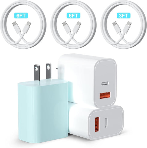 Phone Charger 3Pack 20W Dual Port QC + PD 3.0 Power Adapter PD Fast Wall Charger Block with 1 * 3FT&2 * 6FT C to C Cables Compatible with Phone 15...