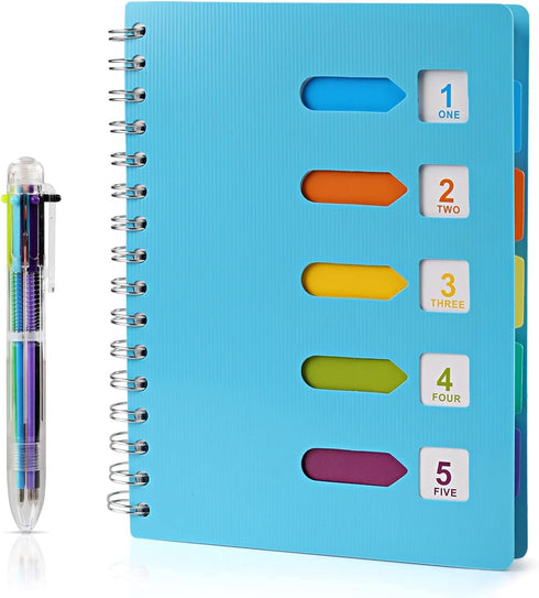 Kesoto A5 Lined Notebook with Multicolored Pen Wire Spiral Subject Notebook Journal with 5 Divider Tabs & 6 Color Retractable Ballpoint Pen, 240 P...