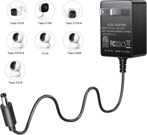 SoulBay 9V Power Supply for TP-Link Tapo Camera C100 C200 C210 C310 C320WS C100/A TC70 CCTV Smart Security Camera AC/DC Adapter Cord T090060-2B1 R...