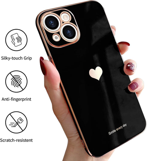 Teageo Compatible with iPhone 13 Case for Women Girl Cute Love-Heart Luxury Bling Plating Soft Back Cover Raised Full Camera Protection Bumper Sil...