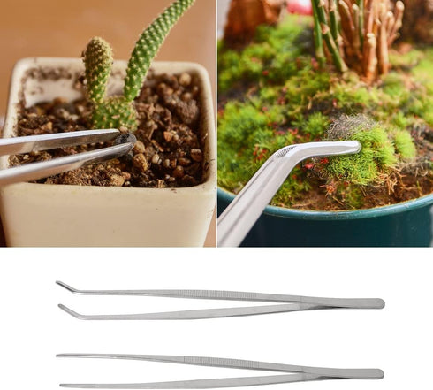 2 Pcs 12 Inch Silver Long Handle Stainless Steel Straight and Curved Tweezers Nippers, Set with Serrated Tips Comfortable Ridged Handle for Garden...