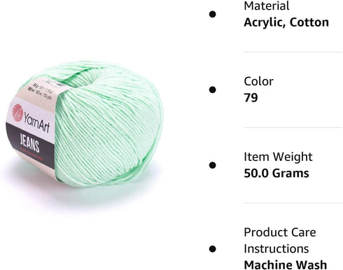 Yarn Art 55% Cotton 45% Acrylic YarnArt Jeans Sport Yarn 1 Skein/Ball 50 gr 174 yds (79)......