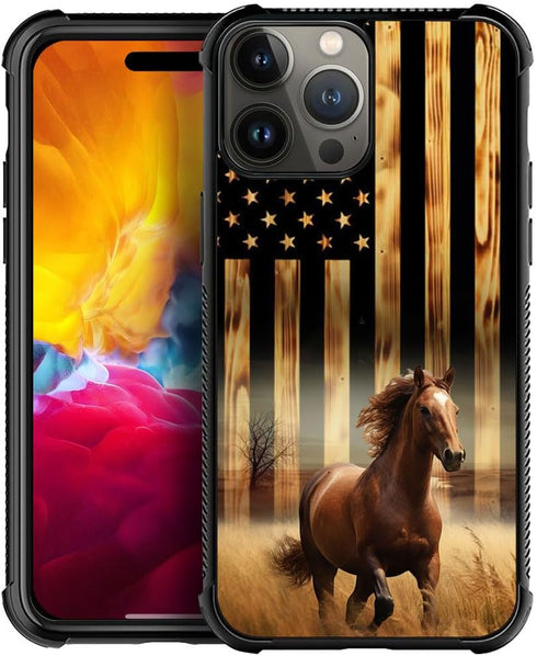 DJSOK Case Compatible with iPhone 15 Pro, Classic Wood Grain American Flag Horse Case for iPhone 15 Pro Cases for Man Boys Girls Dual Layer Shockp...