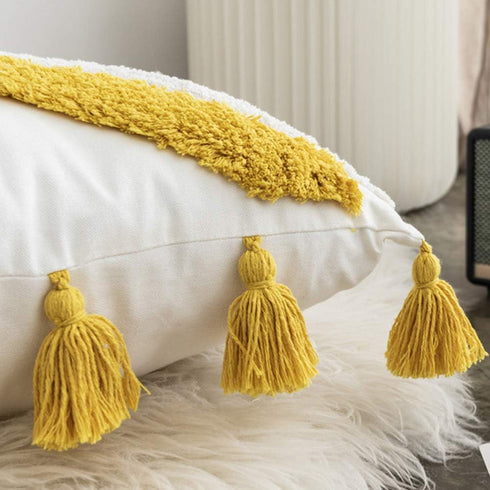 vctops Geometric Embroidery Tufted Throw Pillow Covers 18x18 Inch Farmhouse Cotton Canvas Woven Tufted Tassel Cushion Covers Home Decor (Mustard Y...