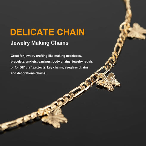 KYUNHOO 16.4FT/5M Jewelry Chains for Making Jewelry Flat Figaro Chain Links with Butterfly Decoration Gold Plated Brass Chain Roll Chains Bulk for...