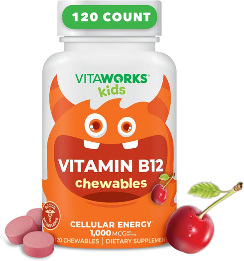 Kids Vitamin B12 1000 mcg Chewable Tablets - Tasty Natural Cherry Flavor - Vegan, GMO-Free, Gluten Free, Nut Free - Dietary Supplement - Cellular ...