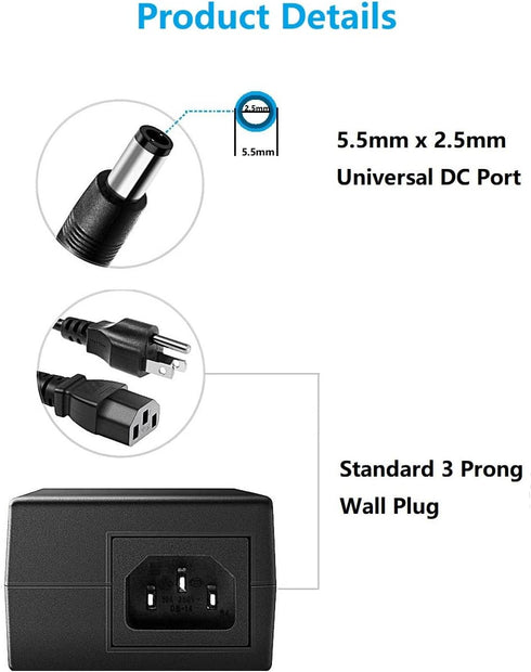 DC 12 Volt 3 Amp Power Supply, AC to DC 12V 3A Power Adapter, 100-240V AC Input to DC 12V 3A Power Supply Adapter, 5.5mm x 2.5mm DC Plug & 1 Femal...