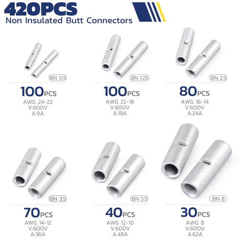 Haisstronica Non Insulated Butt Connectors Kit 220pcs Butt Connectors for Wiring Pure Copper AWG24-8 Wire Crimp Connector...