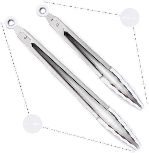 Premium Silicone Set of 2 Cooking Tongs, 9-Inch & 12-Inch BPA Free Non-Stick Stainless Steel BBQ Grilling Locking Food Tong, Light Grey...