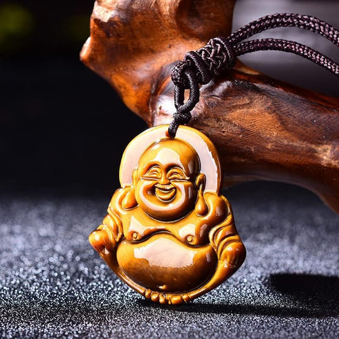 Fuqimanman2020 Amulet Tiger Eye Stone Laughing Buddha Pendant Necklace Lucky Talisman Protection Natural Healing Carved Gemstone for Women Men Wea...