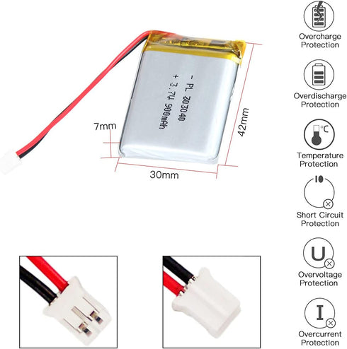 3.7V 900mAh Battery 703040 Lithium Polymer Ion Rechargeable Li-ion Li-Po Battery with 2P PH 2.0mm Pitch Connector...