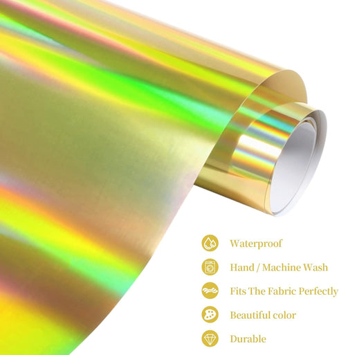 GIRAFVINYL Gold Holographic Heat Transfer Vinyl,Soft Foil Iron on Vinyl - 12” x 6 FT Easy to Weed Gold HTV Vinyl for T-Shirt and Other Fabric...