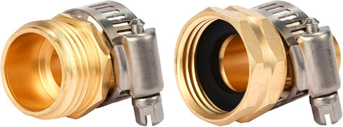 Brass Garden Hose Repair Connector with Clamps, Fit for 3/4" or 5/8" Garden Hose Fitting...
