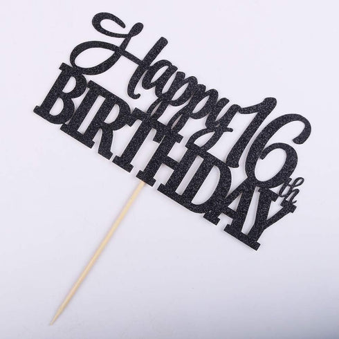PALASASA Black Glitter Happy 16th Birthday cake topper - 16 Anniversary Party Decoration (16th)...