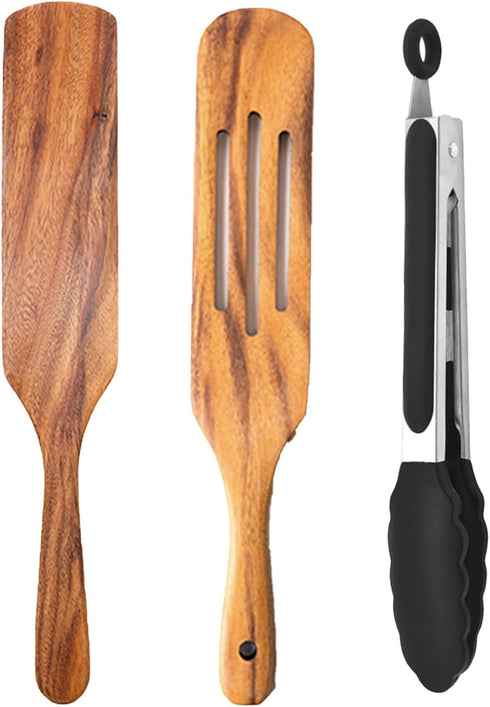 Wooden Spatulas & clip set Mixing, Reaching Bottom of Jar, Dough Whisk Spurtles Kitchen Tools Wooden Kitchen Utensils for NonStick Cookware wooden...