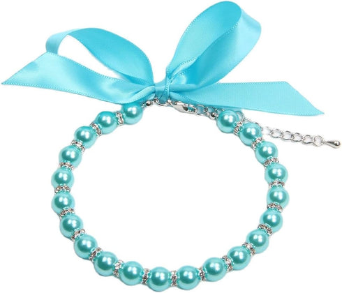 Dog Cat Pearls Necklace Collar with Bling Accessories and Ribbon Bow Pet Puppy Jewelry for Female Dogs Cats Small Medium (S, Blue)...