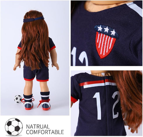 18-inch Girl Doll Clothes Accessories - Team USA 6 Piece Soccer Uniform Clothing Includes Headband,Shirt,Shorts, Socks,Shoes and Football Fits 18"...