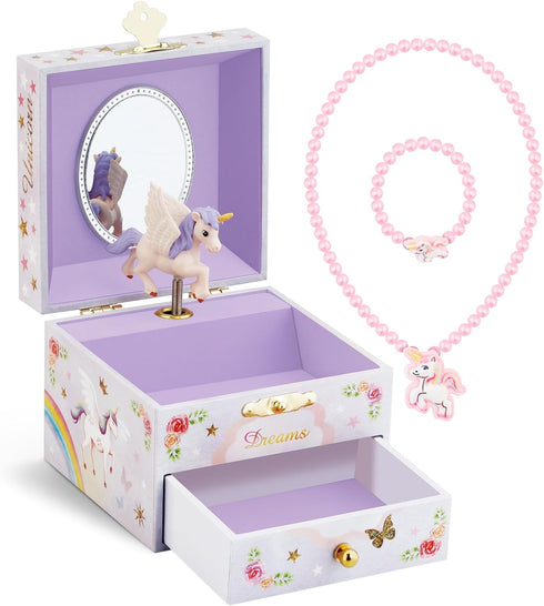 RR ROUND RICH DESIGN Kids Musical Jewelry Box for Girls with Drawer and Jewelry Set with Brave Unicorn - Beautiful Dream Tune Purple...