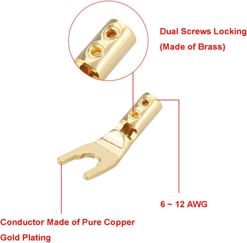 HiFi Speaker Y Spade Connectors, Dual Screw Locking Speaker Cable Plug, Fork Spade Connectors with Allen Wrench for Speaker Wire DIY 4PCS (Gold Pl...