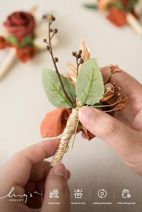 Ling's Moment Boutonniere for Men, 6pcs Groom Groomsmen Boutonniere, Artificial Flowers for Wedding Decor/Prom/Homecoming, etc.Terracotta Orange...