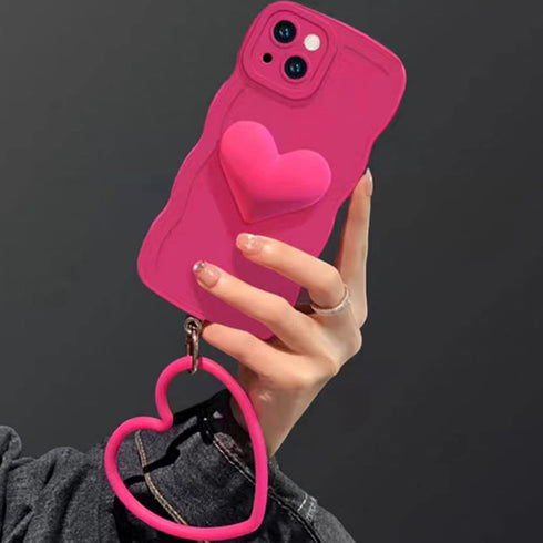 Hot Pink Heart Phone Case Compatible with iPhone 11, Cute 3D Big Love Heart Phone Case, Curly Wave Shape Heart Phone Cover with Heart Bracelet for...