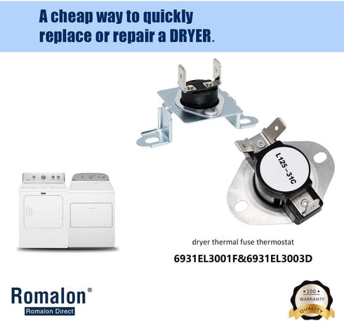 Romalon Thermal Fuse & Thermostat Replacement Compatible for Dryer Includes 6931EL3003D Thermal Fuse 6931EL3001F Dryer Thermostat Replaces PS3530485 dle5955w