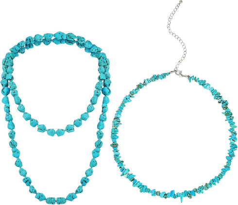 Glenmal 2 Pieces Long Turquoise Beads Endless Necklace Turquoise Choker Necklace Boho Western Necklaces for Women Handmade Turquoise Jewelry, 47''...