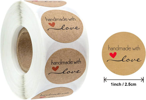 1000PCS Handmade with Love Stickers,1 Inch Small Round Brown Thank You Red Heart Baking Stickers Label Bakery Stickers for Baked Goods Packaging, ...