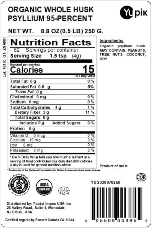 Yupik Organic Whole Husk Psyllium 95% Superfood, 8.8 Ounce, Non-GMO, Vegan, Gluten-Free, Packaging may vary...