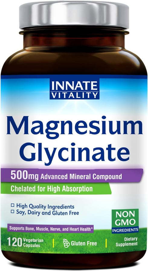 Innate Vitality Magnesium Glycinate 500mg | 70mg Elemental Magnesium Supplement- High Absorption, Non-GMO & No Gluten - Supports Nerve, Muscle, Bo...